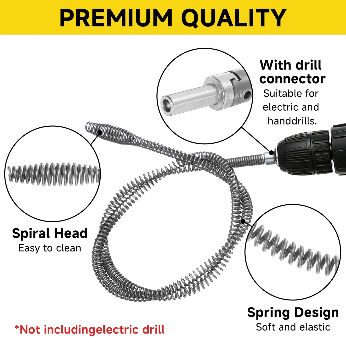Drain Snake with Drill Adapter, Heavy Duty Drain Auger, Flexible Plumbing Snake Drain Clog Remover, Spring Steel Pipe Cleaning Tool for Kitchen Sink, Bathroom, Shower, Bathtub, Toilet, Hair & Grease Clog Removal, Reusable DIY Plumbing Cleaner