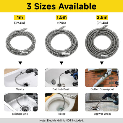 Drain Snake with Drill Adapter, Heavy Duty Drain Auger, Flexible Plumbing Snake Drain Clog Remover, Spring Steel Pipe Cleaning Tool for Kitchen Sink, Bathroom, Shower, Bathtub, Toilet, Hair & Grease Clog Removal, Reusable DIY Plumbing Cleaner