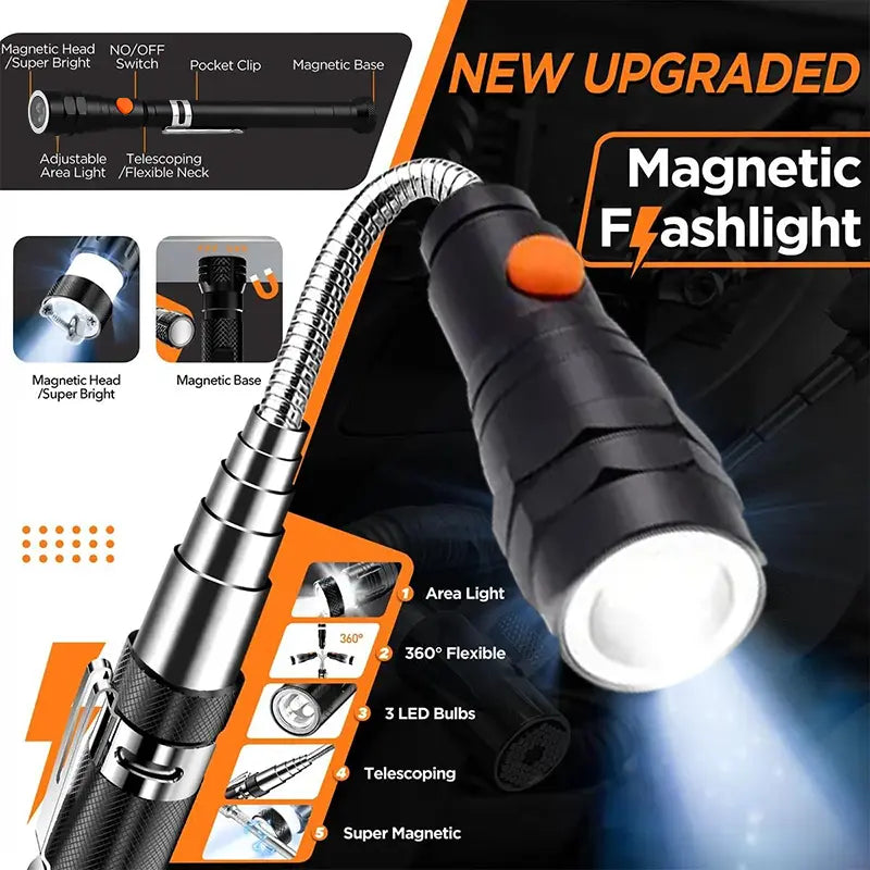 Herramientas magnéticas extensibles de recogida – Imán telescópico con linterna LED. Regalos para hombres, regalos del Día del Padre para hombres de parte de hija o hijo, regalos de cumpleaños para hombres, papá, él, accesorios para coche